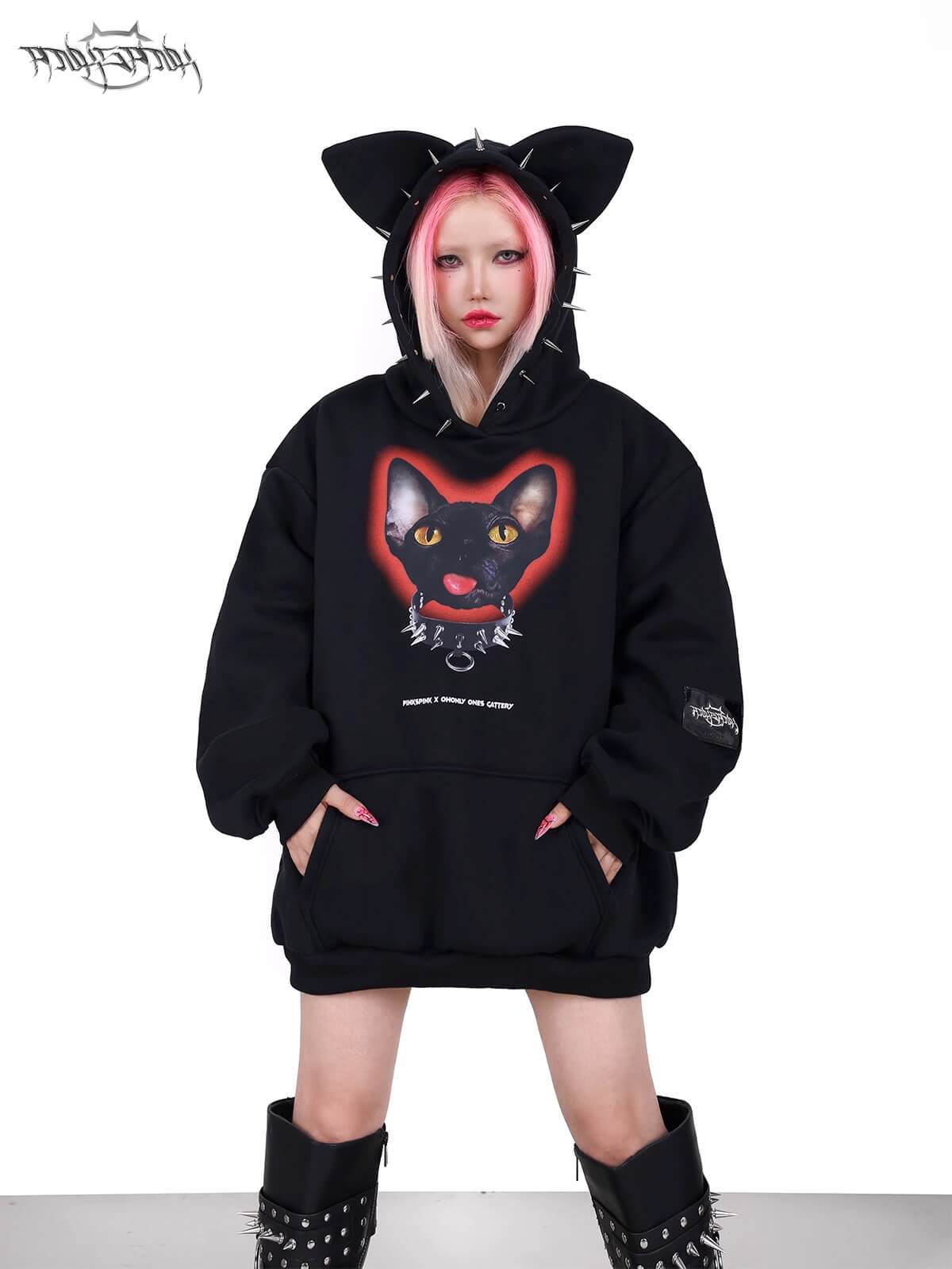 Studded hoodie with cat print